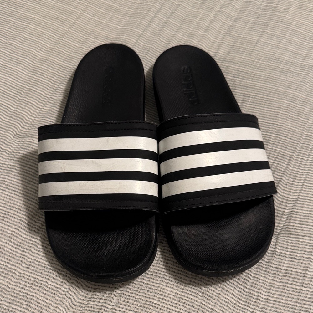 Adidas Black and White Striped Slides, size 8